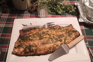 Salmon in a serving dish.