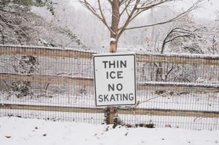 A sign by a pond saying "Thin Ice No Skating"