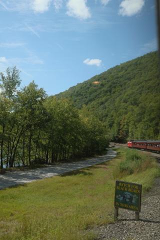 The front cars of a train curl around a sign saying “Watch for black bears”.