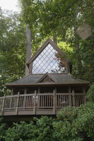 Windows and balcony of a large treehouse.