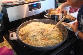 A large pan full of pancit.