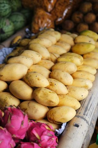 Rows of mangoes for sale at a roadside stall.