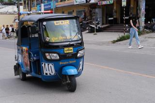 A blue-painted tricycle decorated with the Virgin Mary on its side.