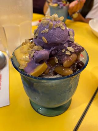Halo-halo with two scoops of ube ice cream and flan.