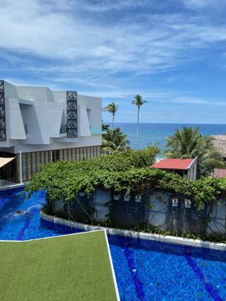 A hotel balcony view overlooking an irregularly-shaped pool partially covered by awnings, with coconut trees and the ocean in the background.