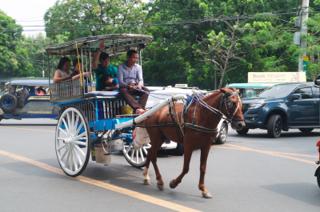 A blue horse-drawn carriage carries a small family through the streets of Manila. Up front sits the driver with bare feet and a bored expression on his face.