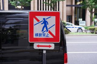 Red-bordered crosswalk sign with an illustrated blue silhouette of a person wearing a hat.