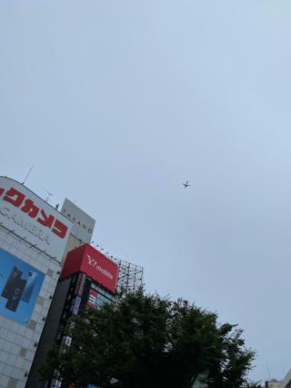 A plane flying high above a row of skyscrapers.