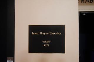 Plaque for the Isaac Hayes elevator, in honor of his role in "Shaft" (1971).