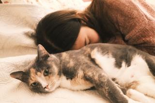 A girl snuggles with a cat lying on its side.