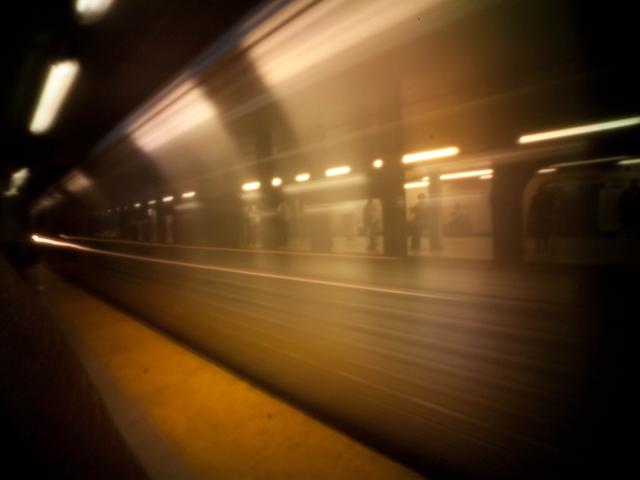 Long-exposure pinhole photo of Philadelphia subway train rushing by.