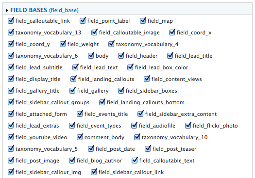 That’s maybe 1/20th of the checkboxes for this feature. Which is a lot of clicking. A list of active checkboxes for Drupal 7 features.