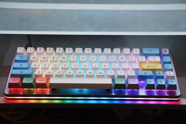 Top-down view of keyboard with RGB LEDs lit up.