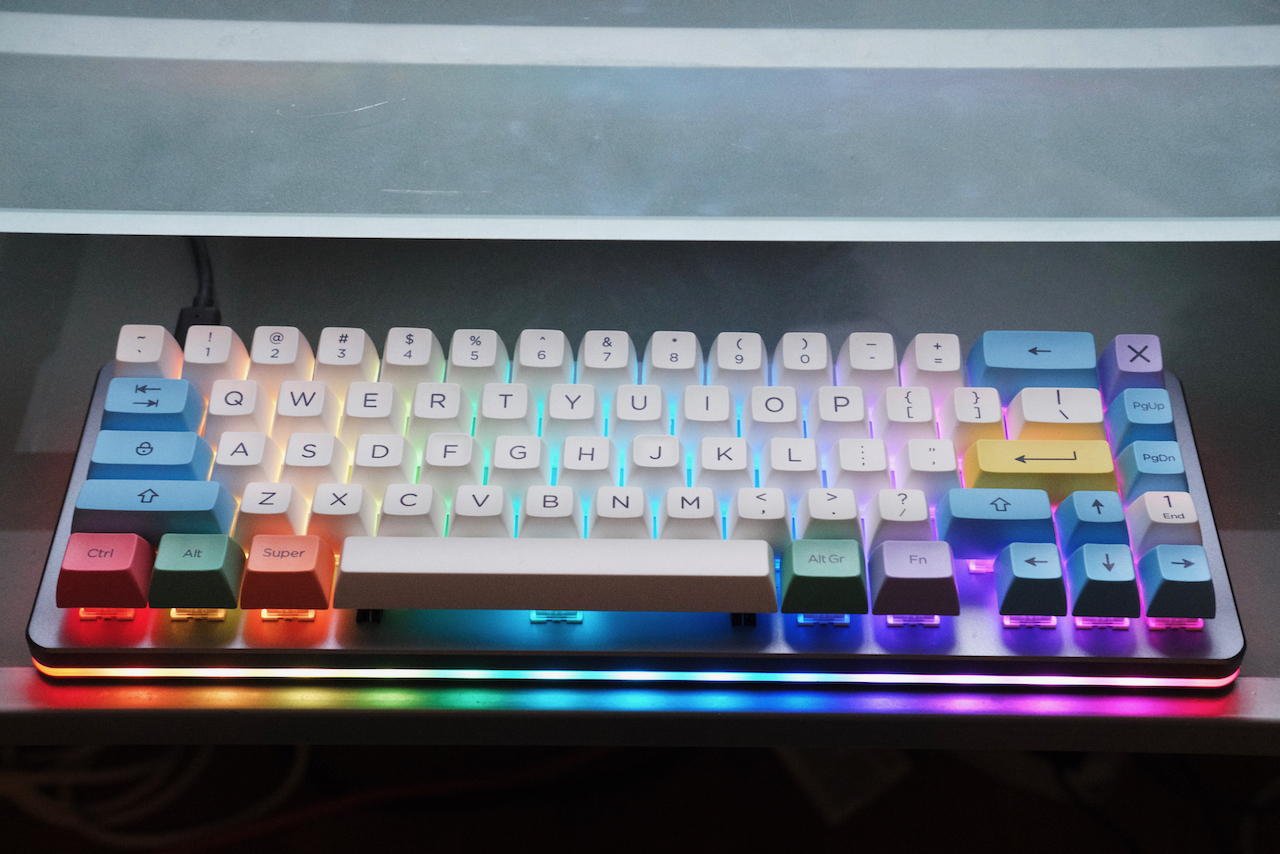 All lit up. Top-down view of keyboard with RGB LEDs lit up.