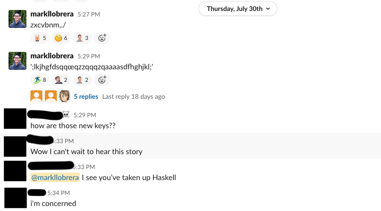 Concerned Teammates. Slack messages of concern after I typed gibberish