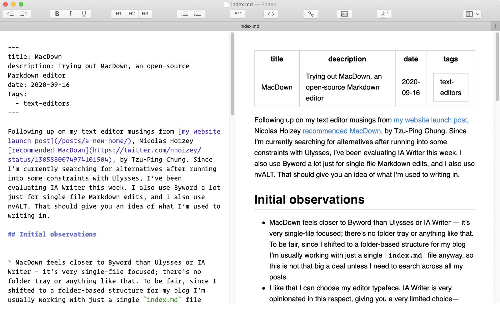 MacDown rendering of YAML front matter, after checking the “Detect Jekyll front-matter preference checkbox”.