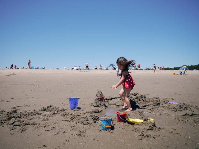 Young girl digs holes on a beach.