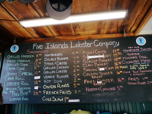 Menu board for Five Islands Lobster
