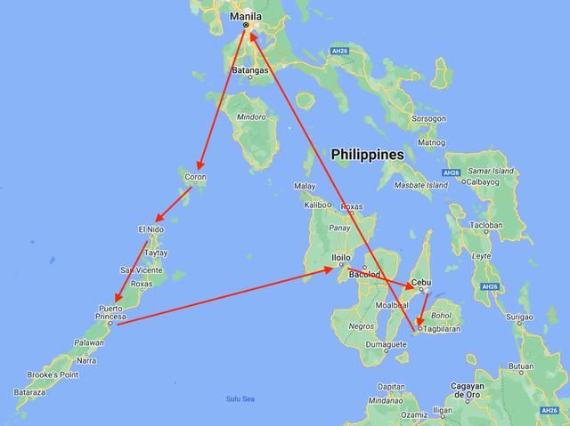 A map of the Philippines with red arrows denoting an itinerary