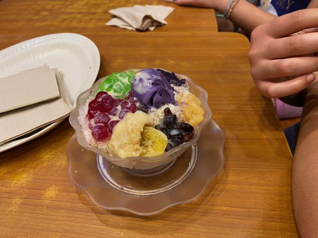 A bowl of halo-halo (Filipino dessert with shaved ice, sweet beans/preserves, and ube ice cream)