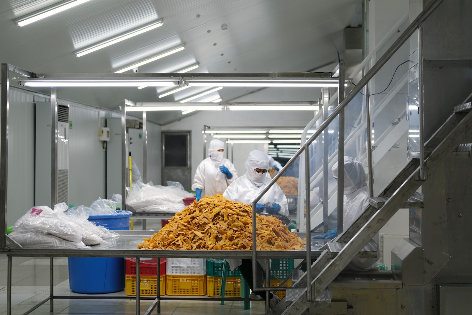 A worker stands in front of a large pile of dried mangoes.