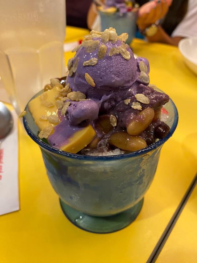 Halo-halo with two scoops of ube ice cream and flan.