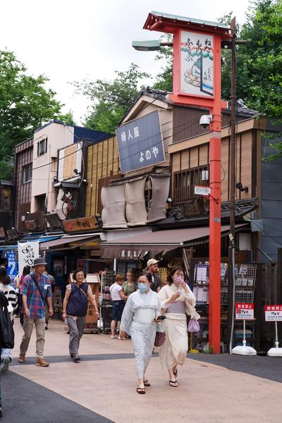 Side street off the main Nakamise Shopping Street. Two women wearing kimonos walk under a decorative sign.