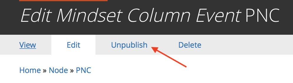 Tab bar for the Drupal 8 node edit form, with a red arrow pointing to the "Unpublish" tab